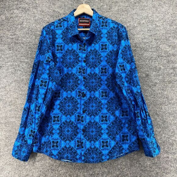 Montero Shirt Men L Large Blue Geometric Button Up Collared Long Sleeve Cotton - Picture 1 of 8